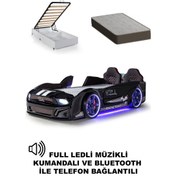 Resim Bazalı Arabalı Yatak Siyah Kapıları Açılan Mustang Full Ledli Kumandalı Ve Müzikli + Ortopedik Yatak 90x190 Cm 