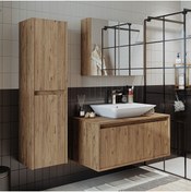 Resim ROOMART Lavabolu Mat Ahşap Mdf 100cm Banyo Dolabı+aynalı Banyo Üst Dolabı+banyo Boy Dolabı 