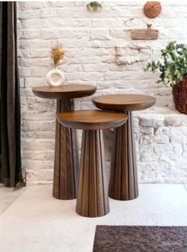 Resim Wood Wooden 3 Lü Set Fitilli Mantar Yan Sehpa Modern Tik Ağacı Renk Fiskos Tik Ağacı 
