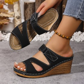 Resim Kadınlar İçin Ayarlanabilir Kayışlı Slip-On Wedge Sandalet - Açık Burunlu Yüksek Topuk Yazlık Ayakkabı, Sentetik Kaplama Üst ve PU Taban, Siyah Günlük Şık Plaj, Ofis, Alışveriş için Rahat Çapraz Kayış Tasarım, Dayanıklı Konforlu Tabanlı, Stil Sahibi Kadın Ayakkabısı 