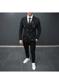 Resim Bys Beystil Sivri Yaka Siyah Kruvaze Takım Elbise Petek036 - Slim Fit 