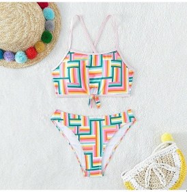 Resim Geometrik Baskı Genç Kız Bikini Setleri 7-16 Yıl Genç Kızlar İçin Iki Parçalı Çocuk Mayo Mayo Beachwear Pembe 