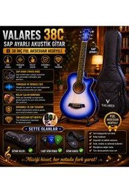 Resim valares 38CM Kesik Kasa Mavi Sunburst Akustik Gitar 38 İnç 4/4 Sap Ayarlı Cutaway + Çanta Askı Pena Hediyeli Üst Segment 