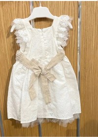 Resim Lamato Baby Yazlık Keten Kemerli Çiçek Aksesuarlı Bebe Kız Elbise Ekru 
