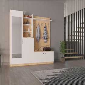 Resim ASRA TREND V-03 Portmanto 180 cm - Aynalı ve Raflı Vestiyer, Beyaz & Safir Meşe,%100 MDFLAM, Askılı ve Ayakkabılıklı Antre Dolabı 