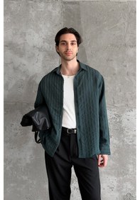Resim Erkek Oversize Çizgili Modal Gömlek Yeşil 
