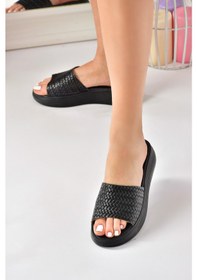 Resim Fox Shoes Siyah Hakiki Deri Kalın Bantlı Örgü Modelli Günlük Kadın Terlik M291850003 