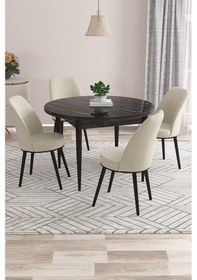 Resim Canisa Kea Serisi Yuvarlak Siyah Mermer Desen Mutfak Masa Takımı 4 Krem Babyface Sandalye Siyah Mermer Desen Masa, Krem Sandalye 