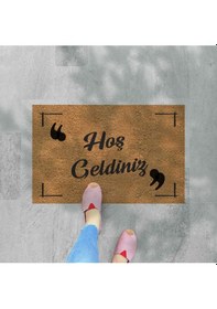 Resim Hoş Geldiniz Yazılır Temalı Kedili Dekoratif Dış Kapı Önü Ve Iç Mekan Paspası Siyah - Bej 