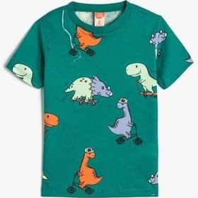 Resim Koton Erkek Bebek Tişört Kısa Kollu Bisiklet Yaka Dinozor Grafik Baskılı Pamuklu Yeşil 