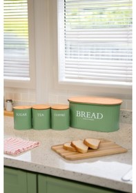 Resim Ahşap Kapaklı Metal Ekmeklik, Çay, Kahve, Şeker 4'lü Set / Yeşil Yeşil 