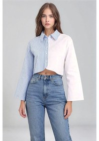 Resim Mamayaga Kadın Özel Tasarım Asimetrik Kesim Düğmeli Çizgi Garnili Crop Boy Gömlek Mavi 