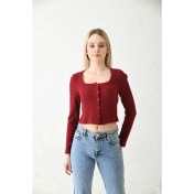 Resim Moviment Bordo Düğme Detaylı Örme Crop Bluz 