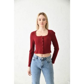 Resim Moviment Bordo Düğme Detaylı Örme Crop Bluz 