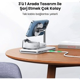 Resim Ugreen 3 Ü 1 Arada Apple Uyumlu iPhone Airpods iOS Watch Magsafe 25w Kablosuz Şarj Cihazı Stand 