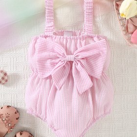 Resim Kız Bebeği için Sevimli Pembe ve Beyaz Çizgili Tulum Fiyonk Detaylı - Yumuşak Nefes Alabilen Kumaş, Makinede Yıkanabilir, Günlük Kullanım İçin Uygun Kesim Bebek Kıyafeti, Dış Mekan İçin Mükemmel 