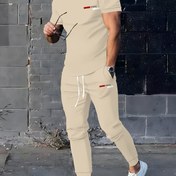 Resim Erkekler için Paris temalı rahat 3D baskı iki parçalı set - Kısa kollu tişört ve uzun pantolon, kırmızı ve siyah grafikli, bahar ve yaz için şık streetwear, rahat kıyafet | Grafik baskılı tişört | Rahat fit, büyük beden 