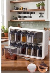 Resim Random Standlı 12 Li Kendinden Yapışkanlı Kaşıklı Kapaklı Etiketli Baharatlık Latte Açık Gri 
