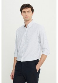 Resim AC&Co / Altınyıldız Classics Erkek Sıyah Pamuklu Comfort Fit Rahat Kesim Düğmeli Yaka Çizgili Gömlek Siyah 