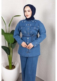 Resim Misskayle Taş Detaylı Kuşaklı Denim Tesettür Takım Açık Mavi Açık 