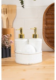 Resim Porsima 3117 Gold Kapaklı Porselen Süngerli 2li Sıvı Sabunluk Beyaz 350+350 Ml Açık Gri - Beyaz 