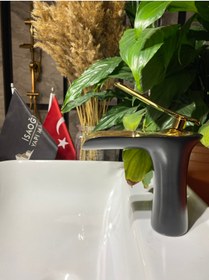 Resim İSAOĞLU YAPI Gold Siyah Lavabo Bataryası Şelale Musluk Doğal Naturel Akışlı Banyo Musluğu 