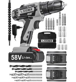 Resim Steiner Alman V-tech 58 V 5 Ah Çelik Motor Çelik Şanzuman Darbeli Şarjlı Çift Akülü Vidalama Matkap Gri 