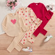 Resim 3 adet Kombinasyon Paketi Kızlar için Günlük Rahat Dışarıda Çıkmak İçin Baskılı Kalp Desenli Yuvarlak Yaka Uzun Kollu Üst ve Pantolon İki Parça Kız Pantolon Takımı Bahar ve Sonbahar, Dışarıda Kullanım İçin 