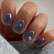Resim 24pcs Glossy Short Oval Fake Nails, Blue-gray Press On Nails With White Cloud Moon Airplane Design, Sweet Cool False Nails For Women Girls Daily Wear 