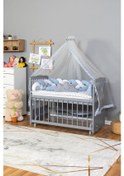 Resim Ahşap Beşik Anne Yanı Beşik Gri 60x120 - Mavi Beyaz Örgü Uyku Seti Seti + Yatak Gri 