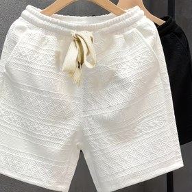 Resim Erkekler için yazlık rahat geometrik desenli polyester şort, esnek olmayan kumaş, günlük giyim ve plaj tatili için düzenli fit, düz renk, plaj tatili 