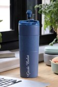 Resim NRDLİFE Kişiye Özel Isim Baskılı French Press Mavi Çelik Termos Mug 450 Ml (3 Fonksiyonlu) 