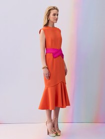 Resim Orange Ruffled Skirt Crepe Dress - 38 