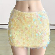 Resim Kadın Sarı Payet Bodycon Mini Etek - Seksi Düşük Bel Esnek Kısa Etek ile Parıltılı Payetler, Yaz Müzik Festivali ve Gece Çıkışı için Mükemmel, Festival Modası, Formu Uyumlu Tasarım 