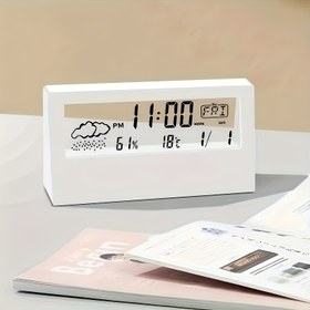 Resim 1 adet Kare LED Sessiz Alarm Saati - Sıcaklık, Nem ve Hava İkonları ile Şeffaf Modern Tasarım, Snooze Fonksiyonu, Pil ile Çalışır (AAA Pil Olmadan Gider) - Ofis, Oturma Odası, Yatak Odası, Oturma Odası Aksesuarı için Şık Ev Dekoru | Modern Şeffaf Tasarım | Kolay Okunabilir Ekran, Nem Ölçer 