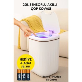 Resim 20L Sensörlü Akıllı Antibakteriyel Çöp Kovası Otomatik Kapaklı, Banyo Mutfak 4 Pil Yanında 