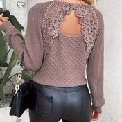 Resim Kadın Şık V Yaka Uzun Kollu Kazak - Dantel Görünümlü Sırt Paneli ile Sırtı Açık Tasarım, Yumuşak Kahverengi Yuvarlak Yaka, İlkbahar/Sonbahar için, Günlük ve Resmi Kombinler 