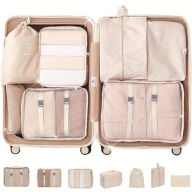 Resim 7 adet Seyahat Organizatör Seti, Spor Stili Polyester Depolama Çantaları Tuvalet ve Makyaj için, Elde Yıkanabilir, Baskısız, Kenar Boyası Yok, Talimatlarla 