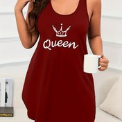 Resim Kraliyet ve "Kraliçe" Baskılı Kadınlar için Büyük Beden Rahat Elbise - Esnek Polyester Karışımı, Her Mevsim için Kolsuz Gecelik, Mor, Rahat ve Şık Ev Giyimi, Rahat Gecelik | Kraliçe Baskılı Elbise | Nontransparent Materia 