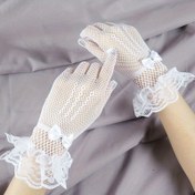 Resim Şık Beyaz Dantel & File Parmaksız Eldivenler Dekoratif Fiyonk ile - Esnek, Yıkanamaz Polyester Parti & Sahne Performansı için, Dantel Eldivenler 