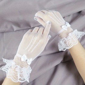 Resim Şık Beyaz Dantel & File Parmaksız Eldivenler Dekoratif Fiyonk ile - Esnek, Yıkanamaz Polyester Parti & Sahne Performansı için, Dantel Eldivenler 