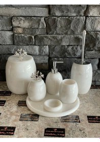 Resim Beyaz Doğal Mermer Gümüş Mercan Aksesuarlı Oval 7,li Banyo Seti Beyaz 