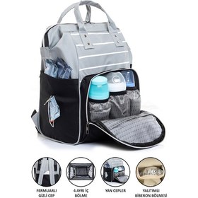 Resim Anne Bebek Bakım Sırt Çantası Gri Çizgili Termos Bölmeli Gri 