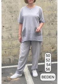 Resim Mia Butik Büyük Beden Verona Gri Keten Takım Gri 