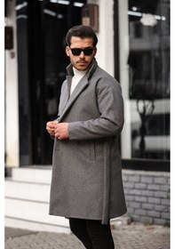 Resim Mero Life Erkek Gri Kemerli Oversize Rahat Kesim Kaşe Kaban Gri 