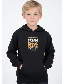 Resim Kapüşonlu Kanguru Cepli Big Dream Baskı Detaylı Erkek Çocuk Sweatshirt Siyah 