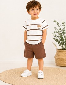 Resim Tucankids Erkek Çocuk Ayıcık Nakışlı Çizgili Şortlu 2'li Takım 1-4 Yaş Kahverengi 