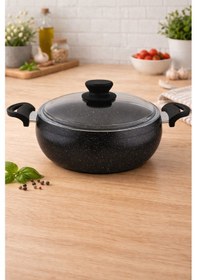 Resim Granit Pro 22 Cm Derin Granit Güveç Tencere Siyah Bakalit Saplı Cam Kapaklı Yapışmaz 