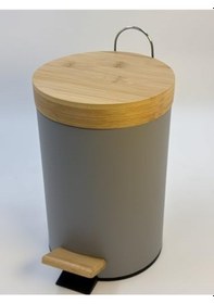 Resim Bambu Kapaklı Metal Çöp Kovası - Hidrolik Sistemli Yavaş Kapanma Özellikli, Pedallı, Banyo Ve Mutfak İçin Şık Ve Fonksiyonel Tasarım Gri, 5 Litre Siyah 