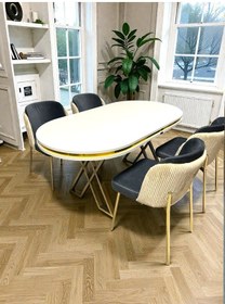 Resim Msy Home 4 Kişilik Aura Gold Serisi Beyaz Lake Oval Yemek Masası Ve Puffy Antrasit Sandalye Takımı Modern Krem-füme 